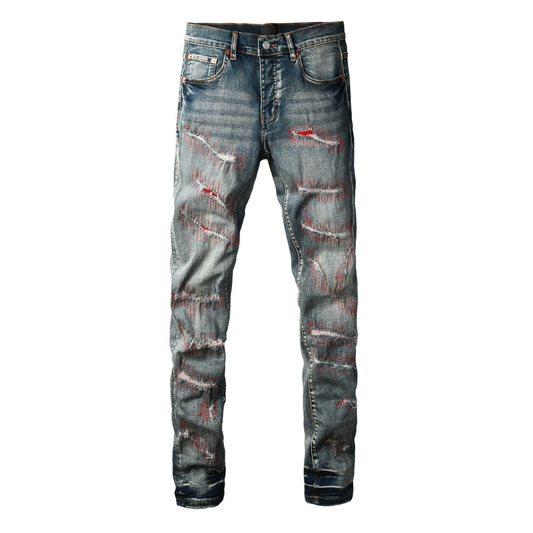 Lila Rot Distressed Patch Jeans