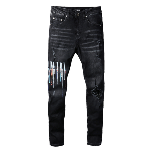 Paint Drip Distressed Schwarz Jeans
