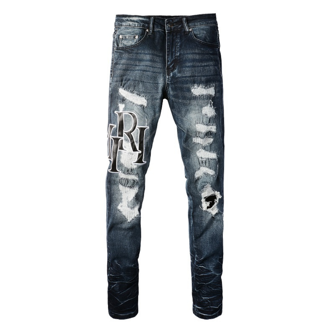 Schwarz Staggered Logo Patch Jeans